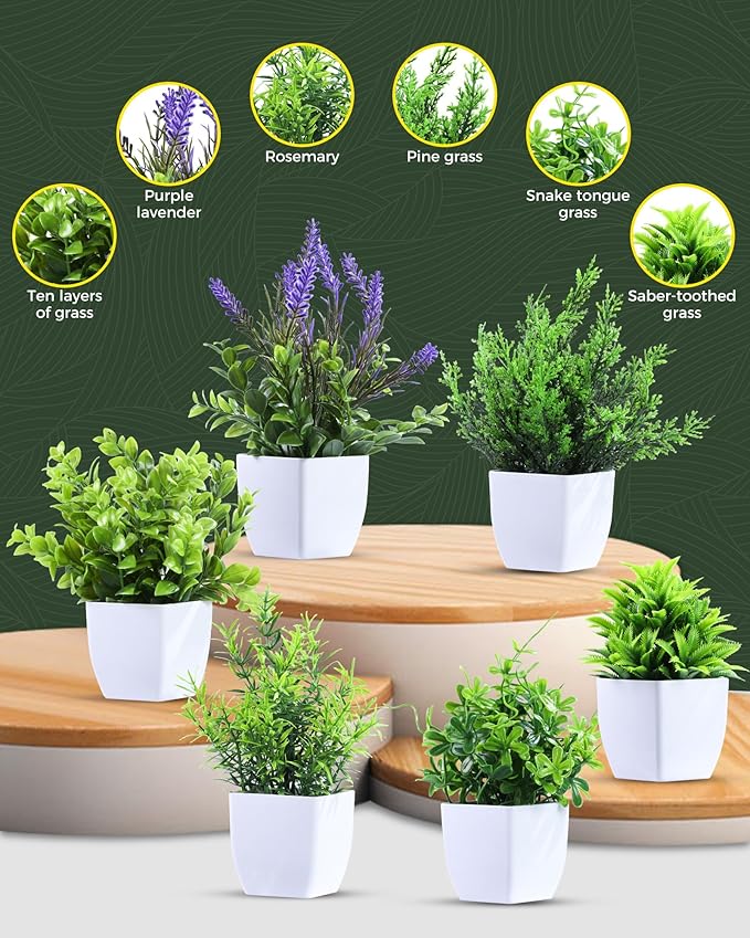 Clearain 6 Pack Small Fake Plants Mini Artificial Potted Plants for Table Desk Home Laundry Room Bathroom Office Decoration (White)