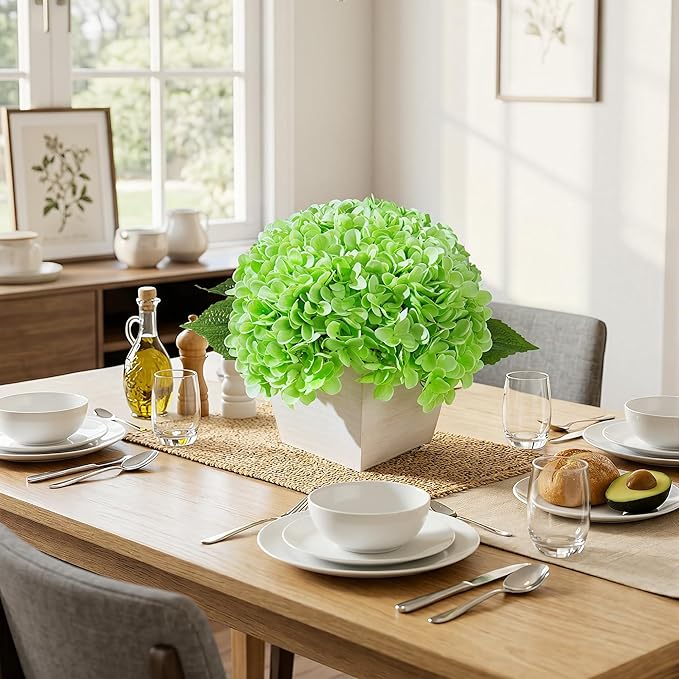 Artificial Hydrangea Flowers Arrangement in Wood Planter, 4PCS Fake Green Flowers in Wooden Vase Potted Floral Centerpieces for Tables Living Room Home Office Room Shelf Kitchen Decor