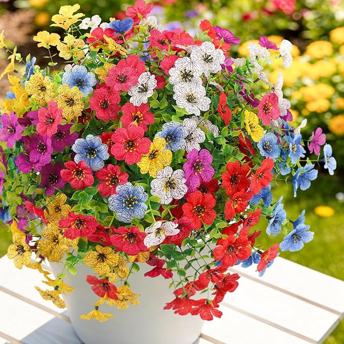 ATTGREAT Artificial Spring Flowers Outdoor Faux Plants UV Resistant Fake Patio Flowers Plastic Greenery Plnats Outside Bulk for Spring Garden Hanging Planter Home Vase Decor, 36 Bundles (Multicolor)