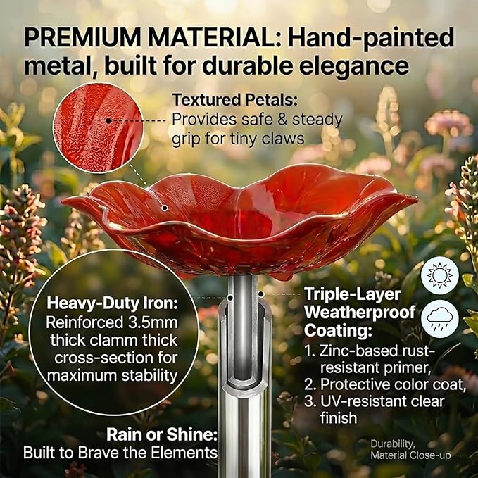 24" Handmade Metal Flower Garden Stake Bird Bath - Detachable Anti-Slip Bee Watering Station & Butterfly Puddler - Rustic Outdoor Art, Garden Gift for Bird Watchers, Mom & Seniors (Red 4pcs)