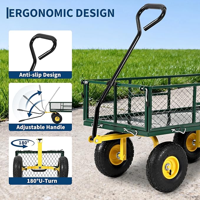 900 lbs Heavy Duty Steel Garden Cart, Garden Wagon Cart on Wheels, Outdoor Metal Yard Utility Wagon Carts with and Mesh Removable Sides and 180°Rotating Handle,Green
