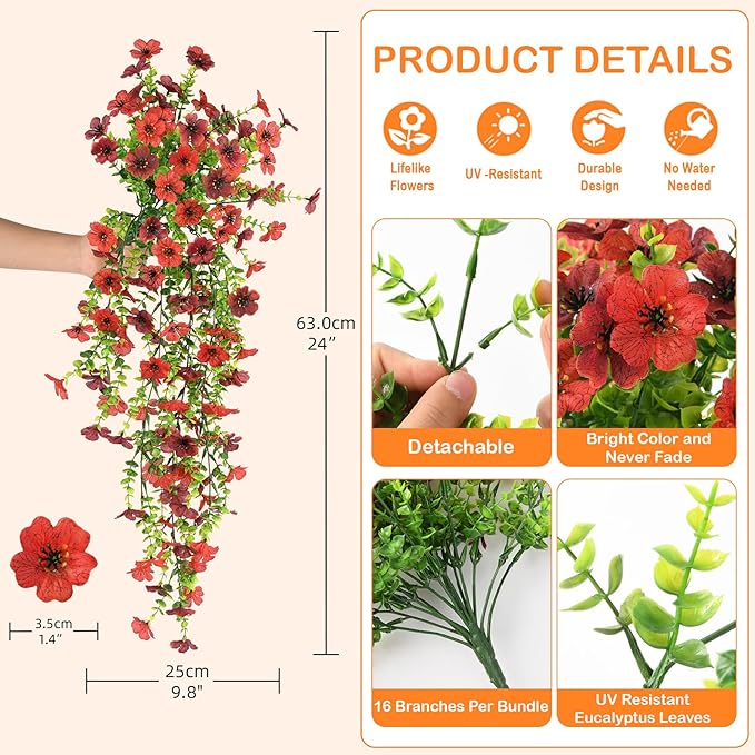Artificial Hanging Flowers for Outdoors, 2 Pcs Fake Hanging Plant for Spring Decoration, UV Resistant No Fade Faux Silk Daisy Flower for Planter Porch Patio Yard Garden Outside Decor(Red Brown)