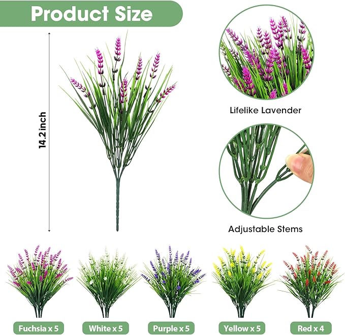 Bassion Artificial Flowers for Outdoors, 24 Bundles Fake Lavender Flowers UV Resistant Mixed Color Plastic Plants Faux Monkey Grass for Home Porch Garden Window Box Indoor Outdoor Decorations