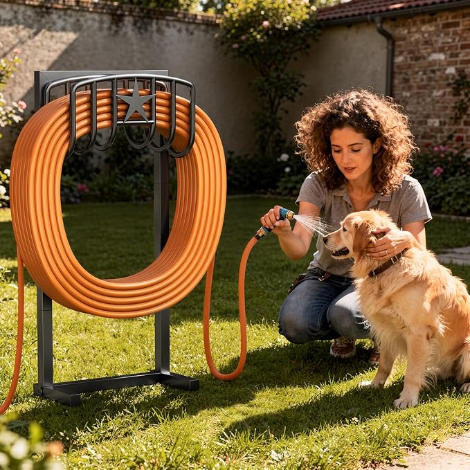 Garden Hose Holder, Heavy Duty Freestanding Metal Stand, 165FT Garden Hose Storage with 4-Spike Stable Base, Rustproof Water Hose Holder for Outdoor Yard Lawn Garden Black