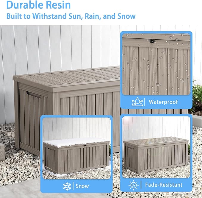 150 Gallon Large Outdoor Storage Box Waterproof, UV Resistant Resin Deck Box with Hydraulic Rod & Lockable Latch for Patio Furniture, Outside Storage Box for Garden Tools, Patio Cushions, Gray
