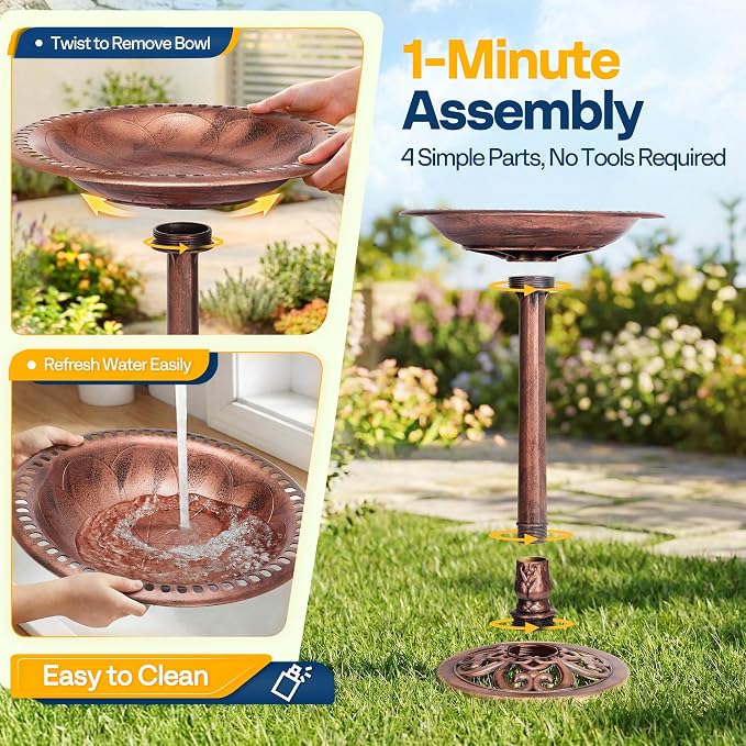 VIVOHOME Bird Bath with Solar Fountain for Outside, Polyresin Pedestal Bird Baths with Solar Powered Pump for Outdoor, Garden, Weather-Resistant Birdbaths with 20" Bowl, Bronze