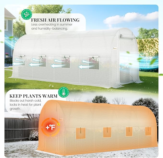 KING BIRD Premium 15x6.6x6.6FT Greenhouse for Outdoors, Large Walk-in Upgraded Galvanized Metal Frame, Mesh Door Screen Window Improved Zipper Tunnel Hoop for Garden Plant Winter, White