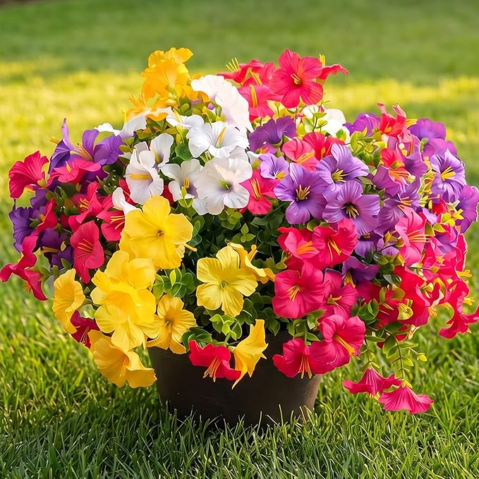 Artificial Flowers for Outdoors Fake Plants Outside Decoration, 12 Bundles Silk Petunia with Eucalyptus UV Resistant Realistic Faux Flowers for Outdoor Planters Garden Balcony (4 Color)