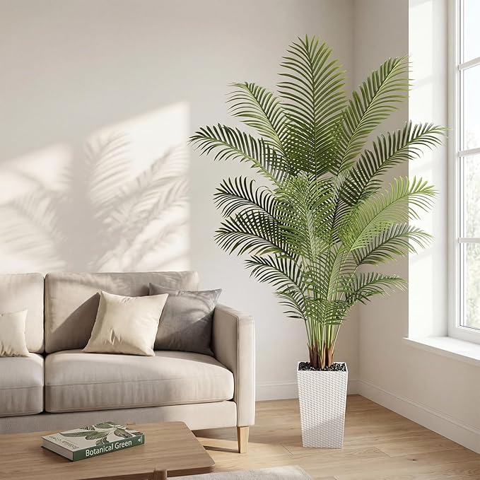 7ft Artificial Palm Tree with White Planter - Tall Fake Palm Tree Indoor Fake Tropical Plant for Home Office Living Room Bedroom Modern Decor