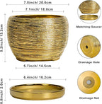 SQOWL Ceramic Flower Pot - 8 Inch Plant Pot Indoor Outdoor, Round Planter with Drainage Hole and Saucer, Decorative Modern Planter, Home Decor, Plant Lovers Gifts, Gold