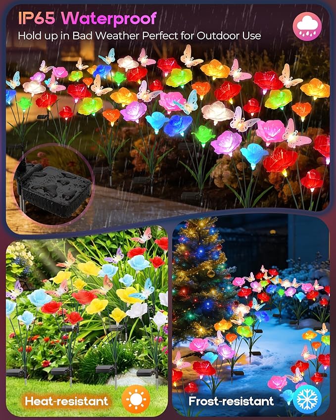 Solar Garden Lights Outdoor Waterproof 2 Pack Swaying Butterfly Light with 7- Color Changing Rose Flowers Solar Lights for Outside Garden Decor Lawn Yard Patio Path,Gifts for Mother's Day Women