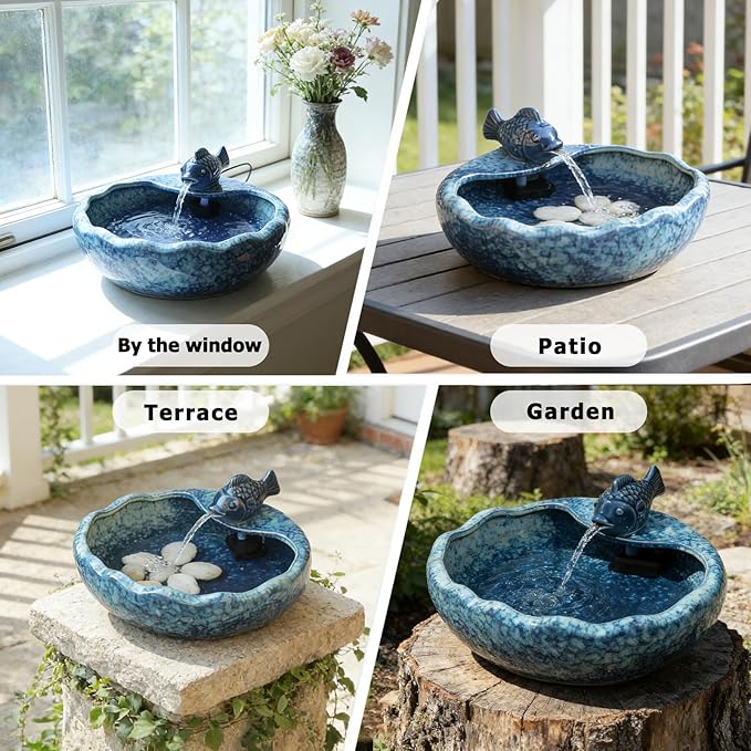 Ceramic Solar Fountain Bird Bath with Battery Backup,Bird Bath for Outside,Bird Bath Bowl for Garden, Patio & Yard Decor,Working at Night for at Least 6 Hours (Koi Fish).