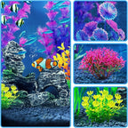 QUOZUO Fish Tank Accessories Aquarium Decorations Plants, 9pcs Colorful Fish Tank Artificial Plants and Cave Rock Decor Set, Aquarium Decor Plastic Plants