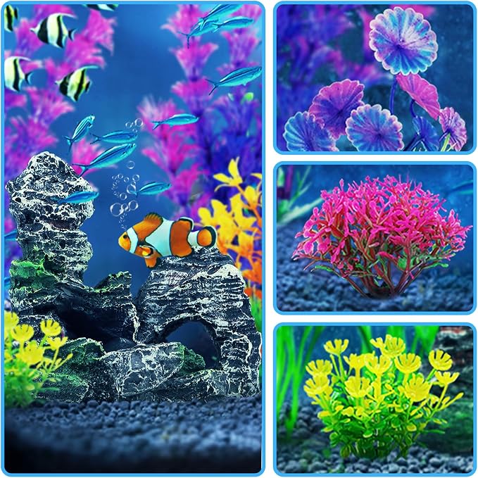 QUOZUO Fish Tank Accessories Aquarium Decorations Plants, 9pcs Colorful Fish Tank Artificial Plants and Cave Rock Decor Set, Aquarium Decor Plastic Plants