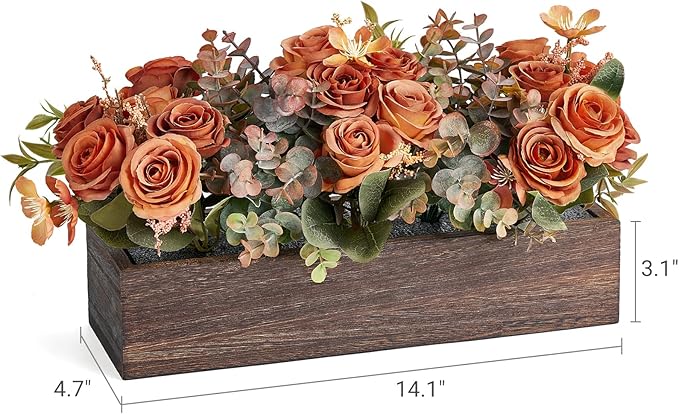 Dahey Centerpiece Table Decorations for Dining Room Farmhouse Living Room Fall Table Centerpieces Decor Wood Tray with 3 Artificial Flowers and 2 Eucalyptus for Kitchen Table, Orange