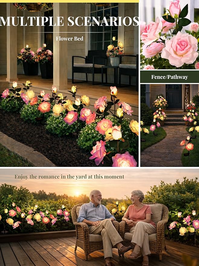GIGALUMI Solar Lights Outdoor for Garden Decor, 6 Pack Solar Flower Lights Waterproof, 2 Lighting Modes 18 Roses for Pathway,Yard, Patio Decoration, Gardening Gifts for Women (Multi-Colored)