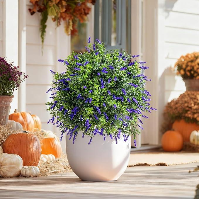 Bailikang 2PCS Artificial Lavender Boxwood Topiary Ball Bush with Ground Spike Fake Evergreen Shrubs Bushes Plants UV Resistant Faux Greenery Shrubs, Fake Green Boxwood Plants for Garden, Yard, Porch