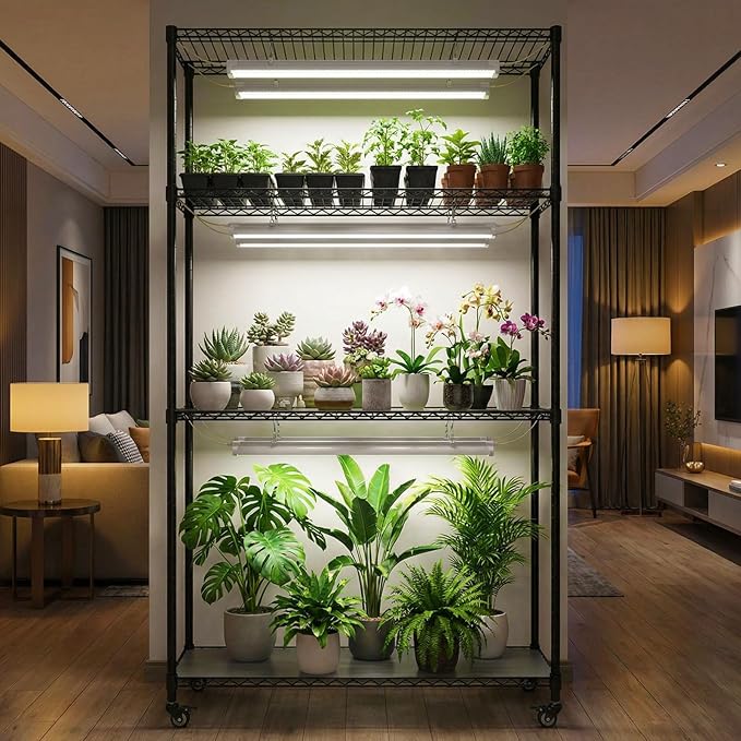 Plant Stand with 6 Pack 3-Color Grow Lights, 36" W x 14" D x 63" H, 4-Tier Plant Shelf with Thermometer & Timer, Wide Plant Rack for Indoor Gardening, Seed Starting, Herbs & Flowers