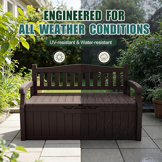 Devoko 80 Gallon Storage Bench Deck Box Lockable for Patio Furniture, Garden Decor and Outdoor Seating for Cushions, Garden Tools and Pool Supplies(Dark Brown)