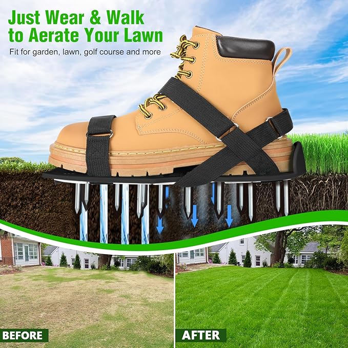 Lawn Aerator Shoes for Grass - Pre-Assembled Grass Aerator Shoes for Lawn - Soil Yard Aerator Tool for Aerating Patio Garden, Black