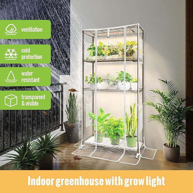 Indoor Greenhouse with Grow Light and Shelves - 4 Tier Plant Stand with Grow Light, Zippered PVC Cover and 3 Dimmable 1.8FT 60W Grow Lights with Timer, 30" L X 14" W X 59" H, Black