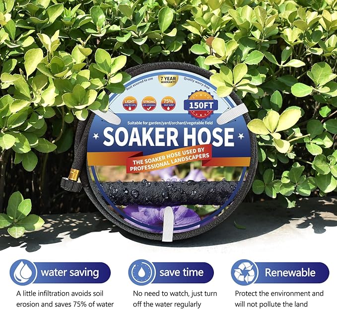 Soaker Hose 150 FT for Garden with Kit, 1/2’’ Soaker Hoses for Foundation Watering, 150 FT Drip Soaking Hose for Vegetable Beds (150 FEET)