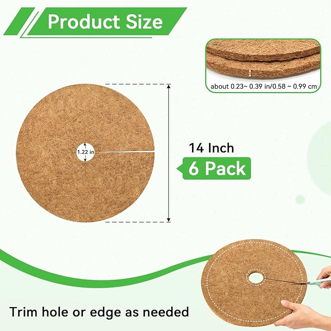 ZeeDix 6 Pack Coconut Fiber Mulch Ring, 14 Inch Coco Coir Tree Ring Mulch Mat, 100% Natural Tree Protector Mat Plant Cover Ring Coconut Coir Discs Tree Mats Mulch Rings for Indoor Outdoor Plants