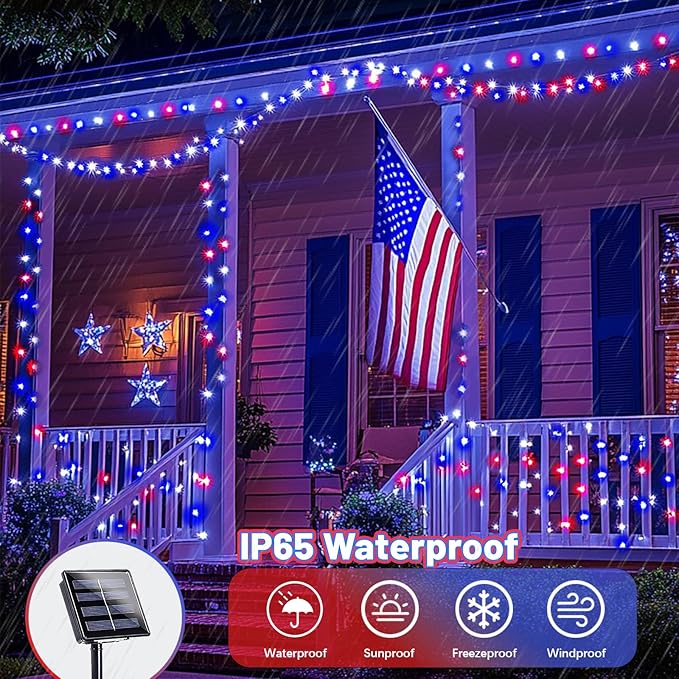 4th of July Decorations Solar String Lights 2Pack 400LED Independence Day Lights for Outside, Red White and Blue Solar Light Waterproof, Copper Wire 8 Modes Twinkle Light for Memorial Day National Day