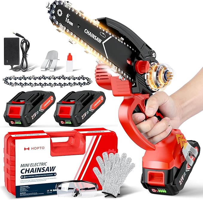 Mini Chainsaw- 6 Inch Electric Mini Chain Saw Cordless Battery Powered One-Hand Tree Trimming Saw with 2 Batteries, Portable Gardening Gadgets for Men, Unique Birthday Gifts (Red)