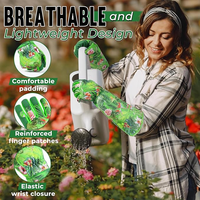 HANDLANDY Women Gardening Gloves, Scratch Resistant Breathable Ladies Rose Pruning Long Gauntlet Floral Print Garden Yard Gloves, Gift for Gardeners (Grass Green, XL)