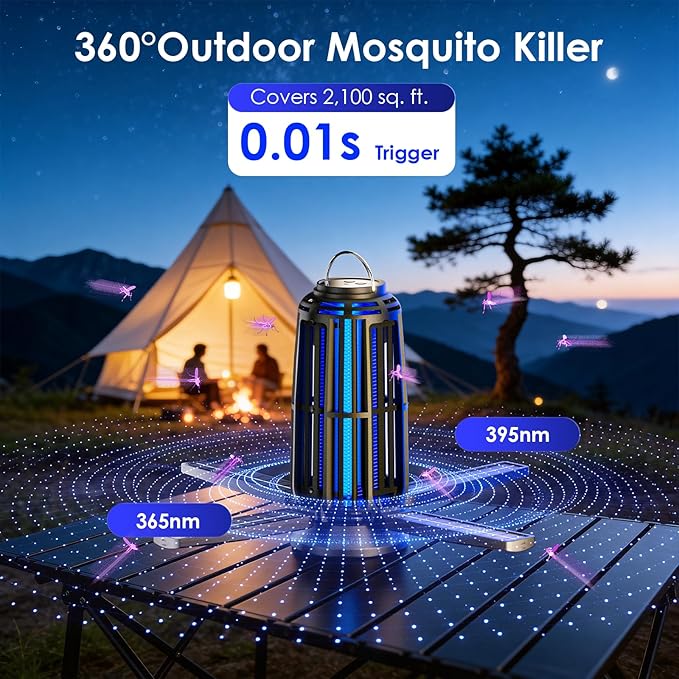 Solar Bug Zapper Outdoor – 5000mAh Battery, Energy-Saving Mosquito Killer, USB-C Rechargeable & 4-Sided Solar Panels, Waterproof Portable Fly Zapper with LED Light for Patio, Garden, Camping, Backyard