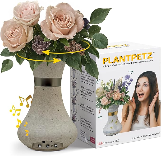 Interactive Robotic Vase for Flower Bouquets - Rustic Sand Speckled| Bluetooth Capable, Touch Sensitive Floral Holder | Record a Message for Mother's Day, Birthdays and More| 6x8.5 Inches
