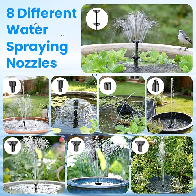 Antfraer 7W Solar Fountain Pump with 3600mAh Battery Backup & Pond Filter, Solar Water Fountain Pump with 8 Nozzles & PVC Tubing, Solar Fountain for Bird Bath, Small Ponds, Waterfall, Hydroponics