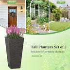 Giantex Set of 2 Outdoor Wicker Flower Pot, 30 Inch Tall Planters with Drainage System, PE Rattan Flower Pots, Indoor Outdoor Decoration for Front Porch Balcony Entryway, Dark Brown