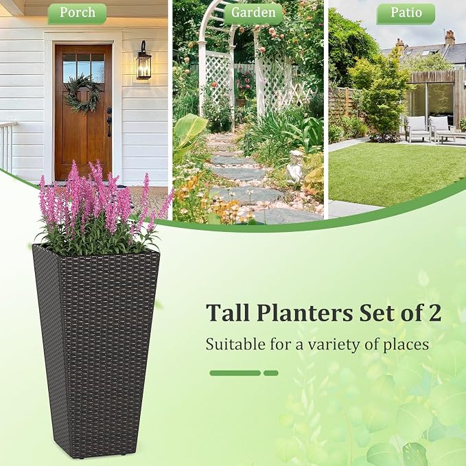 Giantex Set of 2 Outdoor Wicker Flower Pot, 30 Inch Tall Planters with Drainage System, PE Rattan Flower Pots, Indoor Outdoor Decoration for Front Porch Balcony Entryway, Dark Brown