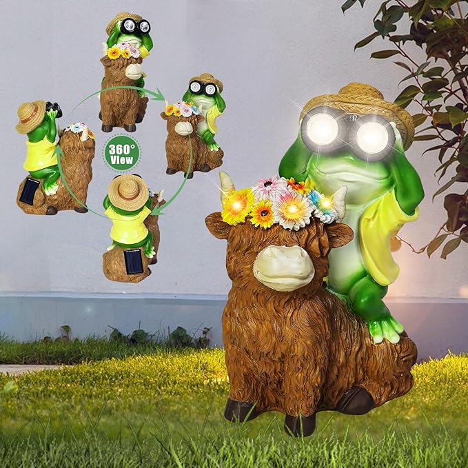 EDOF Solar Garden Lights Frog Sitting on Highland Cow Statue with Flower Garden Decor, for Women Mom,Frog Highland Cow Outdoor Figurine Decorative LED Lights for Yard Art Patio Porch Lawn