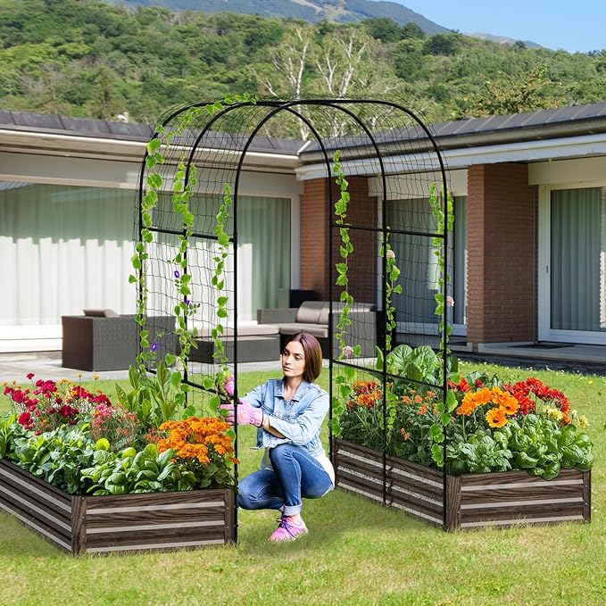 3 in 1 Galvanized Raised Garden Bed with 87" H Arch Trellis for Climbing Plants, Outdoor Gardening Planter Box with Climbing Net for Flower Vegetables Fruits Herbs, Wood Grain