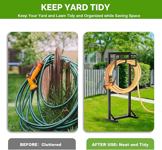 Garden Hose Holder with Stable Base and Tool Hooks, GAVISCITY Heavy-Duty Metal Hose Hanger Garden Hose Storage Holds 151Ft Hose, Rustproof Freestanding Water Hose Holder for Outside, Yard, Lawn, Black