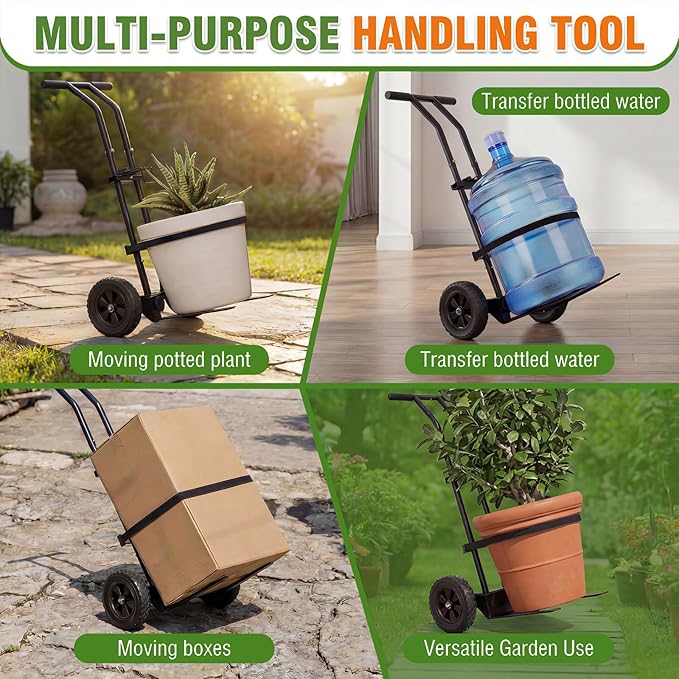 Adjustable Plant Caddy with Wheels, Heavy Duty Plant Dolly Cart w/Grab Arm and Strap Dual Protection, Garden Potted Plant Mover Dolly for Planter Flower Pots Indoor Outdoor, Supports 175lbs, Black