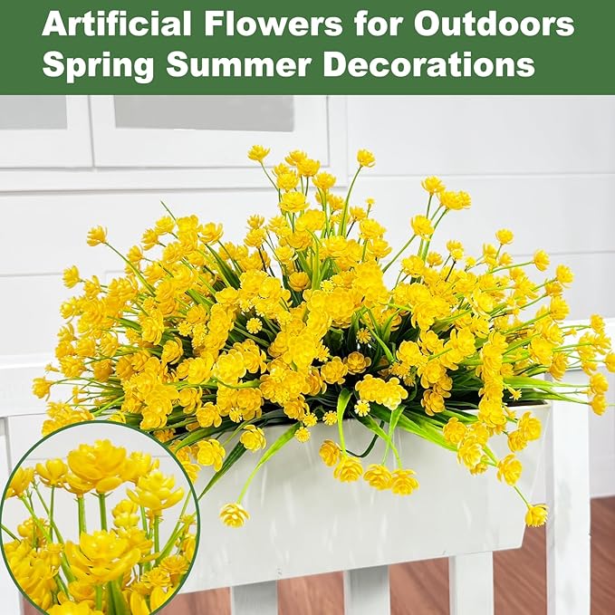 TURNMEON 12 Bundles Artificial Flowers for Outdoors Summer Decor, Realistic UV Resistant Fake Plants Faux Plastic Flowers for Outside Planter Home Gardens Porch Yards Spring Cemetery Decor(Yellow)