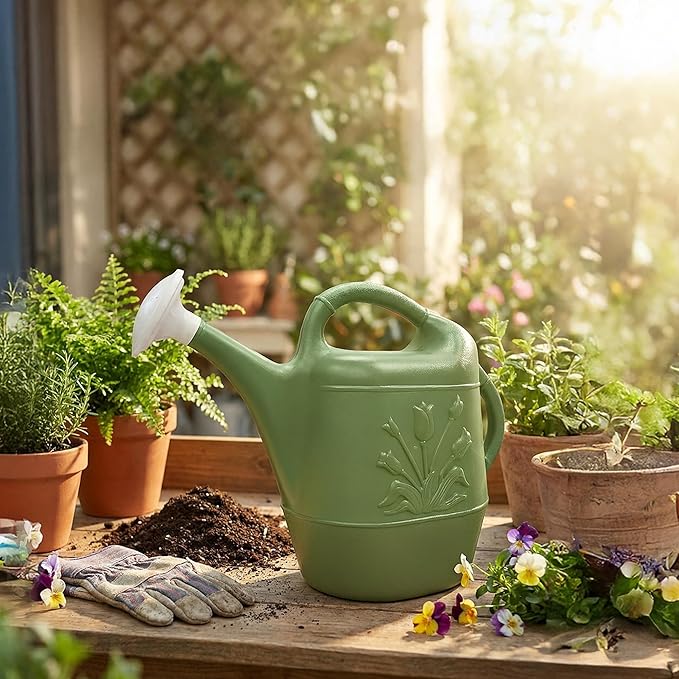 Union Products 63068 2 Gallon Plastic Indoor/Outdoor Watering Can w/ Tulip Design for Garden, Potted Plants, & Patio Pots, Sage Green