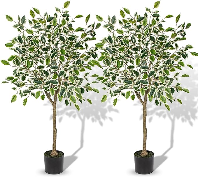 2 Pack Ficus Artificial Trees for Outdoors Indoor, 4ft Big Fake Plants with Pot and Realistic Leaves, Faux Plants Tall Outdoor for Home,Office, Living Room, Garden Decor
