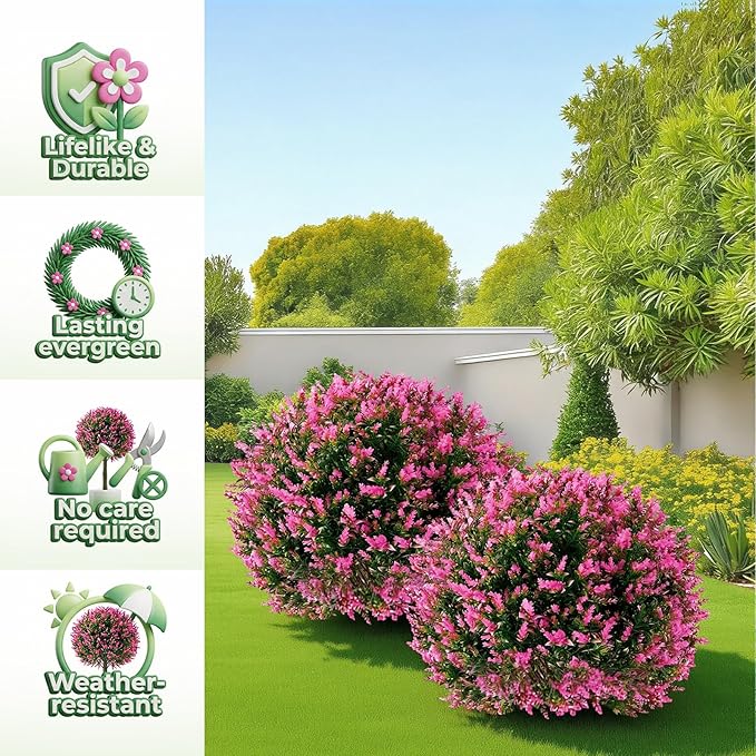 Lunmon 2 Pack 24" Artificial Topiary Ball Plants Trees with Flowers, Outdoor Fake Topiary Plants with Ground Spike, UV Resistant Faux Bushes for Indoor Outdoor Front Door Decor(Rose Pink,Lavender)