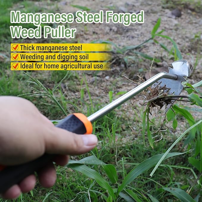 Weed Removal Tool, New Garden Weeding Tools Manganese Steel Hand Weeder Tool with Handle, 5 Teethes Dual Purpose Manual Weeders Tool Weed Tool for Garden (Rubber Handle)