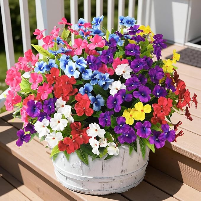 Artificial Impatiens Flowers for Outdoors, 6 Bundles Multicolor Silk Fake Flowers for Spring Summer Decoration, UV Resistant Faux Plants Plastic Bouquet for Home Planter Porch Patio Yard Decor