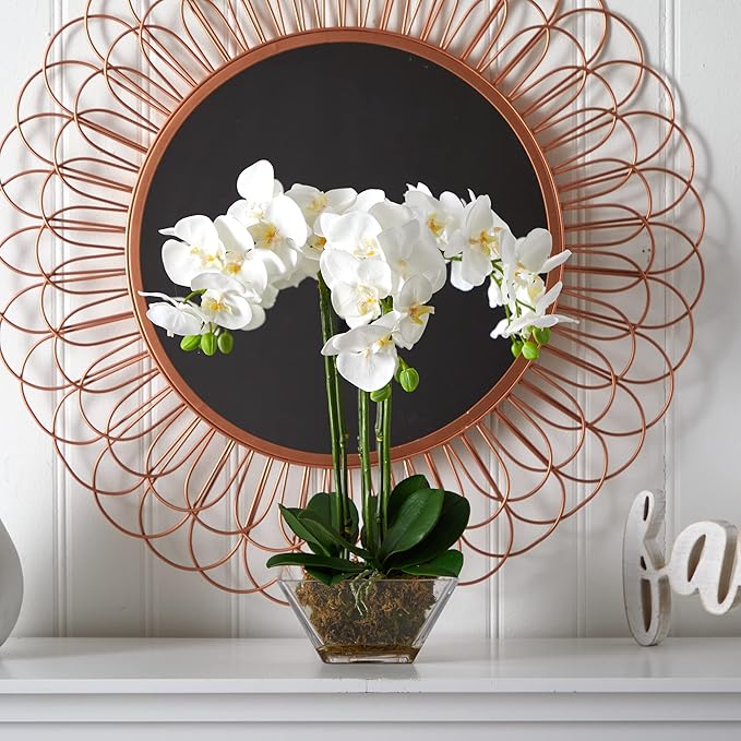 Nearly Natural 4570 Triple Phalaenopsis Orchid in Glass Vase,Green/White