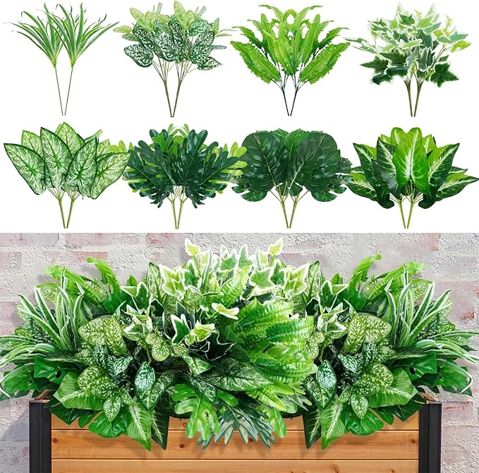 obbsie 16 Bunches Fake Plants Outdoor UV Resistant Artificial Bushes Green Boxwood Shrubs Faux Plastic Plants Greenery Stems for Spring Outdoor Garden Patio Front Porch Yard Home Decor