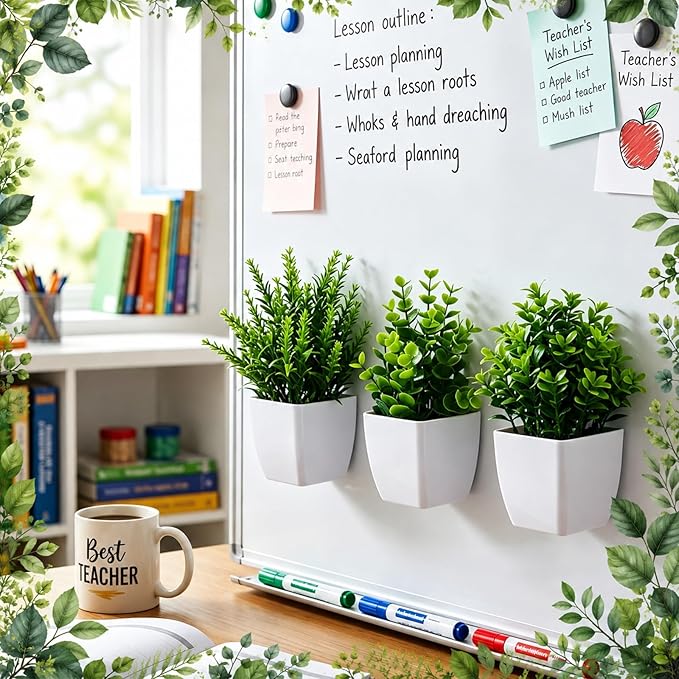 3 Pcs Magnetic Plants Classroom Decor Artificial Potted Potted Greenery Mini Fake Plants with Magnets Back to School Teacher Appreciation Gift for Whiteboard Blackboard Home Office(Greenery)