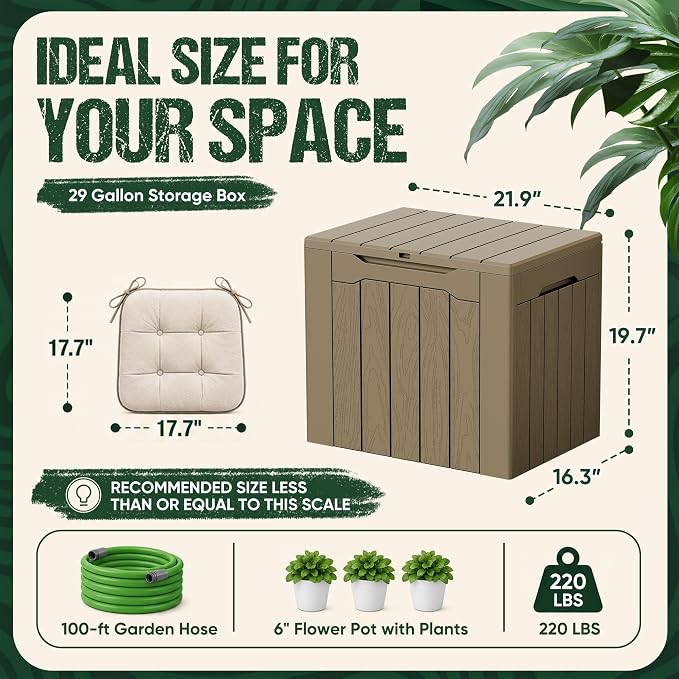 Devoko 29 Gallon Waterproof Outdoor Storage Box Resin Deck Box Lockable and UV Resistant for Patio Furniture, Garden Tools (Light Brown, 29 Gallon)
