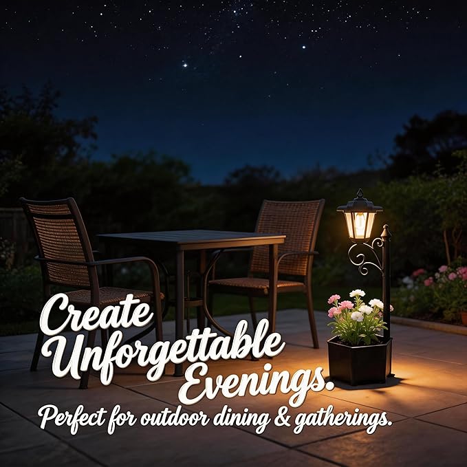 Solar Floor Lamps with Planter (2-in-1 Design), 29.5" Outdoor Solar Lamp Post - IP44 Waterproof, Warm Yellow Lights Dusk to Dawn 6-8Hr, Easy Install for Lawn, Patio, Porch, Yard & Pathway Decor